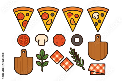 Assortment of various pizza slices, toppings, herbs, and wooden cutting boards