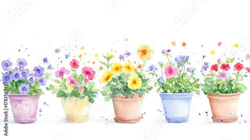 Row of colorful spring flowers in pots, watercolor banner illustration