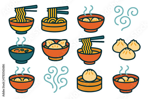 Steaming Asian food dishes including ramen noodles dumplings and hot soup bowls