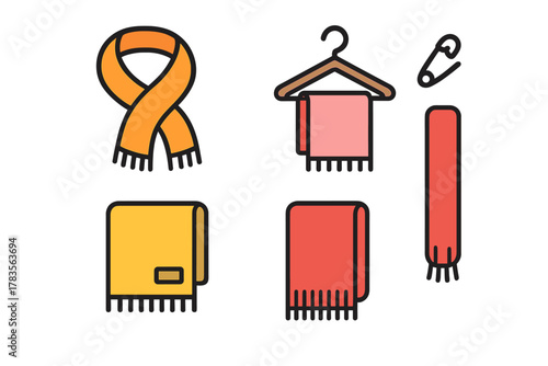 Collection of warm winter scarves, mufflers, and clothing safety pins in various colors and styles