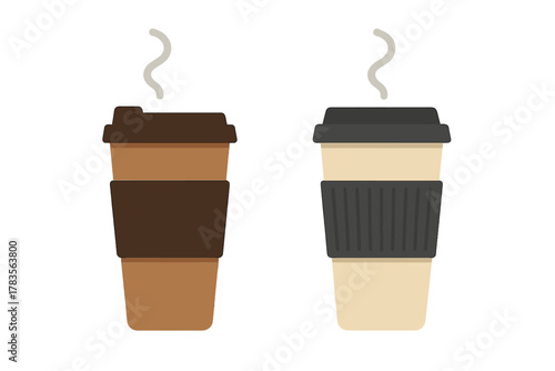 Two disposable takeaway coffee cups with protective sleeves and rising steam isolated on white background