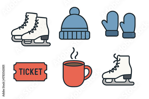 Winter recreation and cold weather essentials featuring ice skates, knitted hat, mittens, ticket, and steaming mug