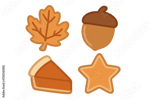 Autumn harvest symbols set with maple leaf acorn pumpkin pie slice and star cookie