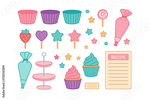 Pastel baking and dessert elements set with cupcakes, piping bags, and recipe card