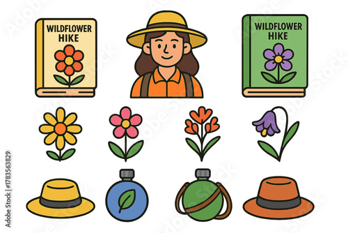 Set of elements for hiking and nature exploration featuring a hiker, guidebooks, wildflowers, hats, and canteens
