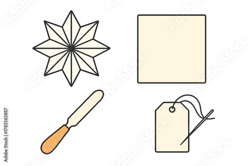 Collection of crafting and sewing tools: star, blank label, spatula, and price tag with needle and thread