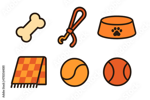 Set of dog accessories and pet supplies featuring bone, food bowl, blanket, and various balls