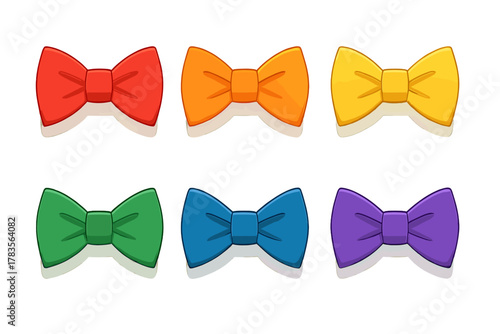 Six brightly colored bow ties arranged in a rainbow spectrum for fashion and formal accessories