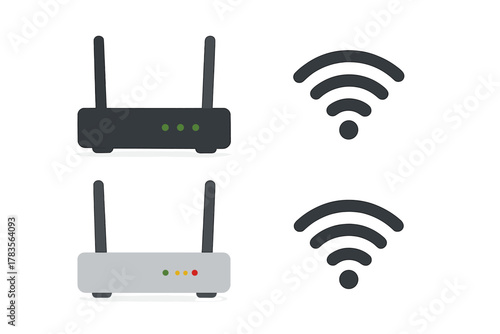 Wireless internet routers with antennas and Wi-Fi signal icons for network connectivity