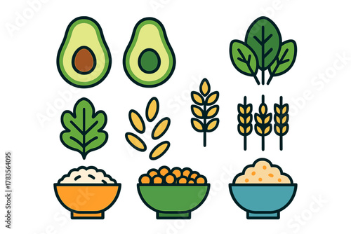Collection of healthy food ingredients including avocado, leafy greens, wheat, and grains