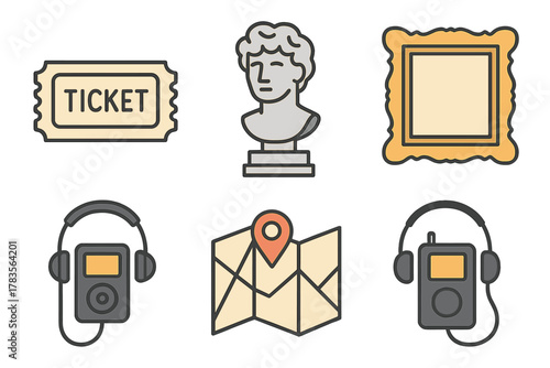 Museum visit elements set featuring ticket, classical bust, picture frame, and audio guide devices