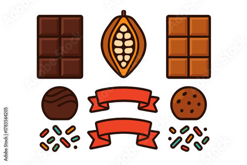 Assortment of dark and milk chocolate bars, cocoa fruit, sweet truffle, cookie, and decorative ribbons