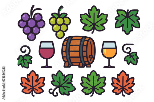 Collection of winery and vineyard elements including grapes, wine glasses, wooden barrel, and grape leaves