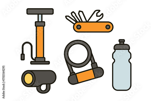 Essential cycling gear collection including tire pump, security lock, repair tool, and water bottle