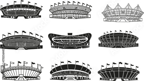 Black and white stadium illustrations, vector silhouette artwork, sports architecture, flag and roof details, modern arena design, global venue concept, event infrastructure styles
