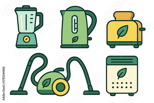 Eco-friendly household appliances including kitchen gadgets and cleaning tools in green and yellow