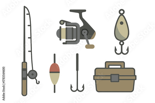 Collection of fishing equipment icons including rod, reel, lure, bobber, hook, and tackle box