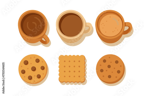 Assortment of hot drinks in ceramic mugs and various sweet cookies viewed from above