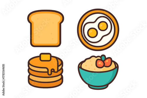 Morning breakfast food items including pancakes, fried eggs, toast, and porridge