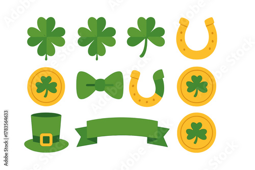 Set of lucky Irish symbols including shamrocks horseshoes gold coins and leprechaun hat