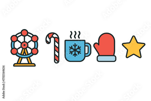 Colorful collection of winter and Christmas holiday elements: amusement park ride, candy cane, hot beverage, mitten, and star