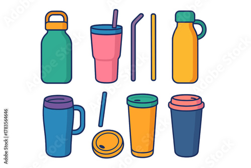 Colorful collection of reusable drinkware including water bottles travel mugs tumblers and straws