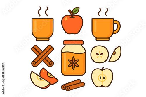 Hot cider ingredients set with steaming mugs, cinnamon sticks, whole apples, and sliced fruit