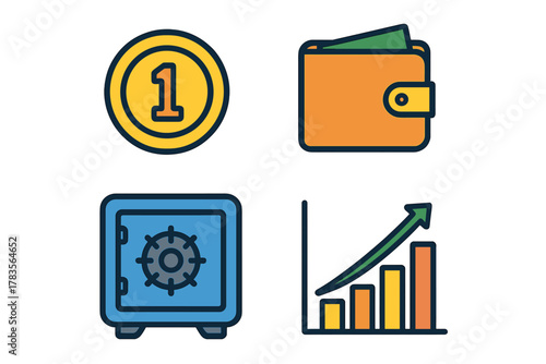 Essential financial icons set featuring coin, wallet, safe deposit box, and business growth chart
