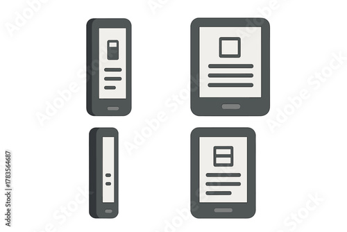 Four stylized mobile devices displaying abstract user interface layouts and screen content