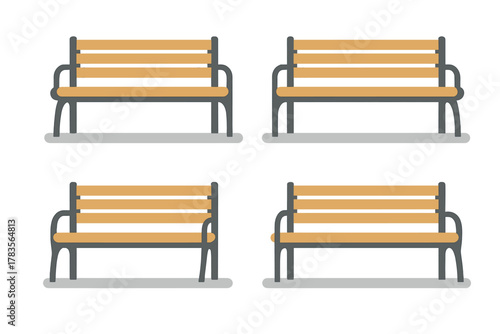 Identical wooden slat and metal frame benches arranged in a pattern for public outdoor seating