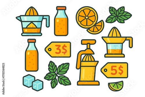 Set of fresh citrus juice preparation and selling elements including manual juicers and bottles