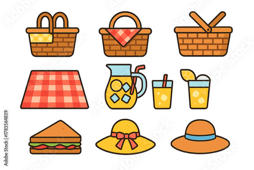 Colorful collection of summer picnic essentials including baskets, blanket, lemonade, and food