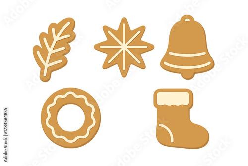 Five traditional Christmas gingerbread cookies decorated with white icing in various holiday shapes