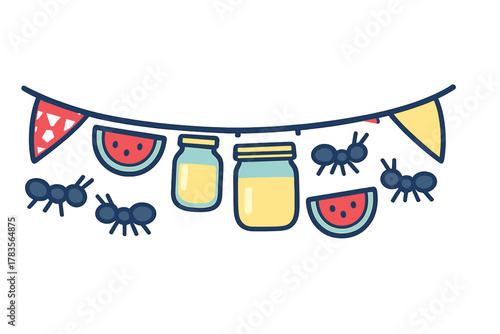 Cartoon ants, watermelon, and jars of food suspended from colorful party flags