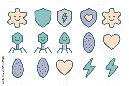 Cute pastel icons set featuring shields, hearts, lightning bolts, and stylized microbes