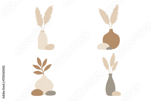 Minimalist compositions featuring vases with pampas grass and abstract stones in neutral boho colors