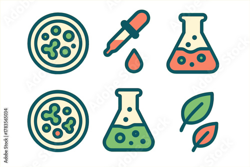 Set of scientific laboratory icons showing chemistry flasks petri dishes and leaves