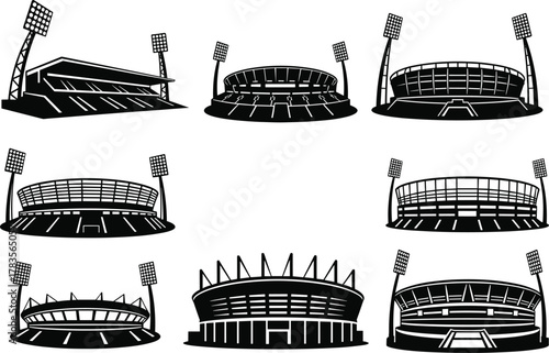 Black and white stadium illustrations, vector silhouette artwork, sports architecture, floodlight details, seating and roof design, modern arena concept, global venue infrastructure styles