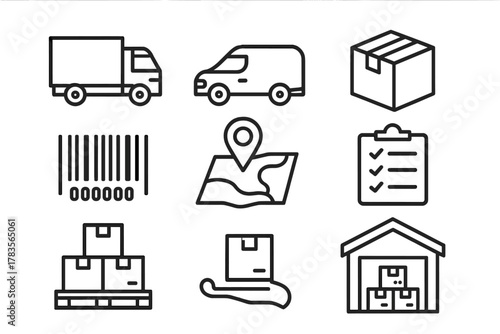 Outline symbols for logistics, shipping, delivery service, warehouse, and tracking map
