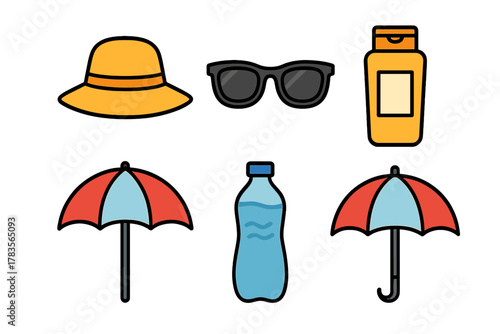 Essential items collection for summer vacation including sun hat sunglasses sunscreen and water bottle