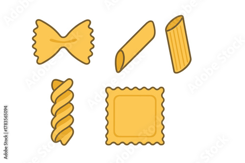 Collection of popular Italian dry pasta shapes: farfalle, penne, fusilli, and ravioli