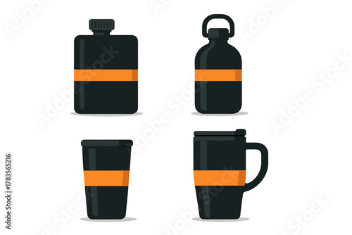 Black and orange reusable drink containers including water bottles, travel mugs, and tumblers