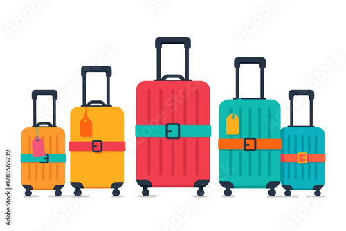 Five colorful travel suitcases in a row with handles and security straps ready for vacation