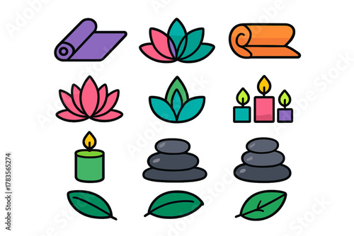 Colorful set of wellness, spa, and yoga elements featuring lotus flowers, rolled mats, burning candles, and stacked basalt stones