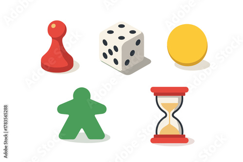 Isometric set of essential board game elements including dice, pawn, meeple, chip, and sand timer