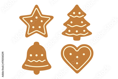 Traditional Christmas gingerbread cookies decorated with white icing on a white background