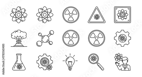 Collection of Atom-Related Line Icons for Web Sites, Books, Cards, and Apps, Featuring Editable Stroke, Perfect for Digital and Print Media, Vector Cartoon Illustration with Scientific and