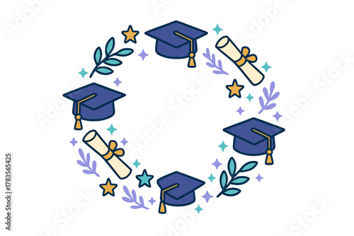 Circular frame border of graduation caps diplomas and stars celebrating academic achievement