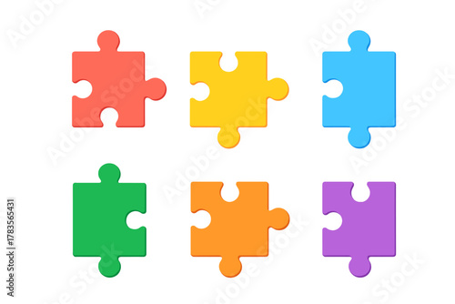 Six colorful jigsaw puzzle pieces symbolizing connection, teamwork, and integration