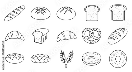 Collection of simple linear outline illustrations of various bread types and baked goods, including baguettes, loaves, croissants, pretzels, bagels, and wheat stalks, perfect for web, books, cards
